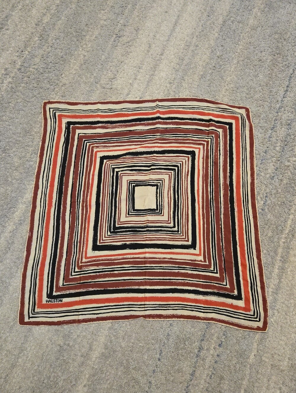 VTG Halston Silk Scarf Geometric Concentric Square Striped Red Black Cream 33"
